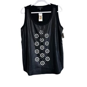 Karen Kane Faux‎ Leather Sleeveless Top Womens 1X Black White Floral 1L73515 NWT